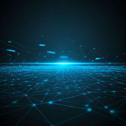 High-tech digital security landscape with glowing network lines and data clusters
