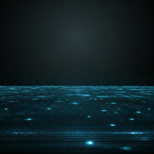 Dark abstract digital background featuring a complex grid of light dots representing a global data network